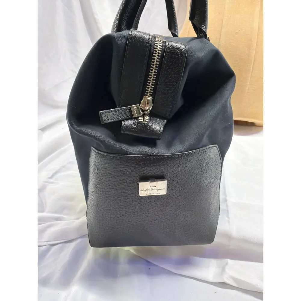 Salvatore Ferragamo Vintage Black Nylon Leather Trim Zip Top Shoulder Bag